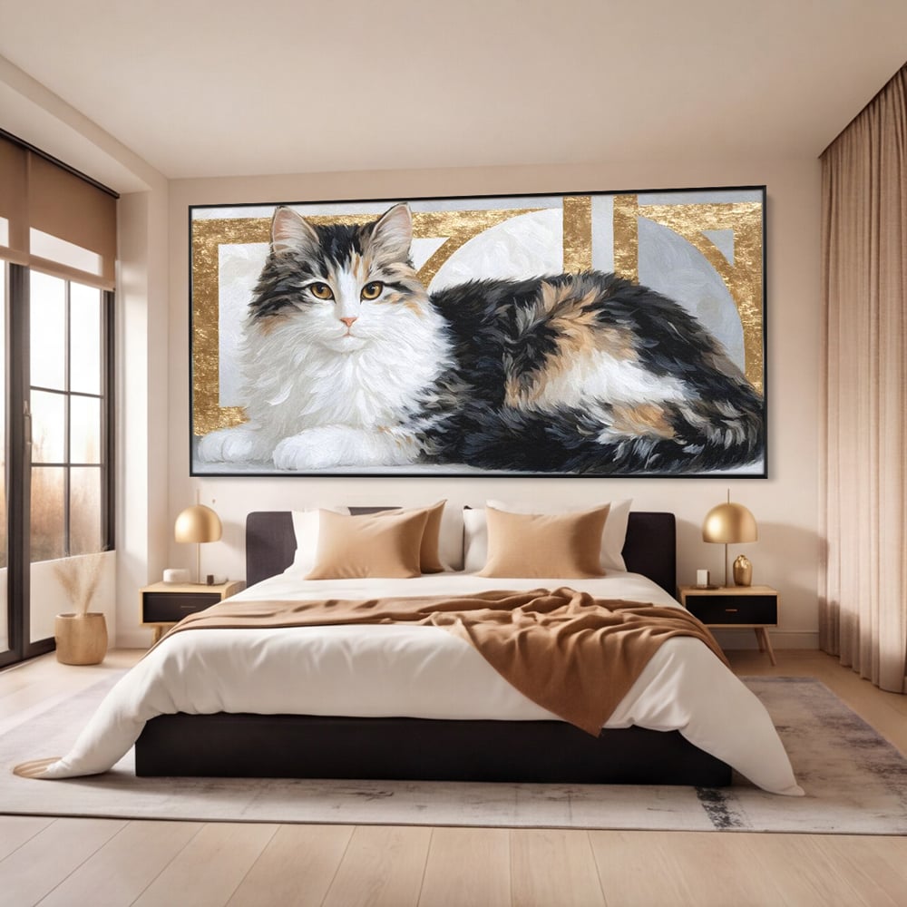 Tablou canvas cu tablou canvas cu pisica calico si accente aurii, in rama de aluminiu negru, pe perete intr-un dormitor